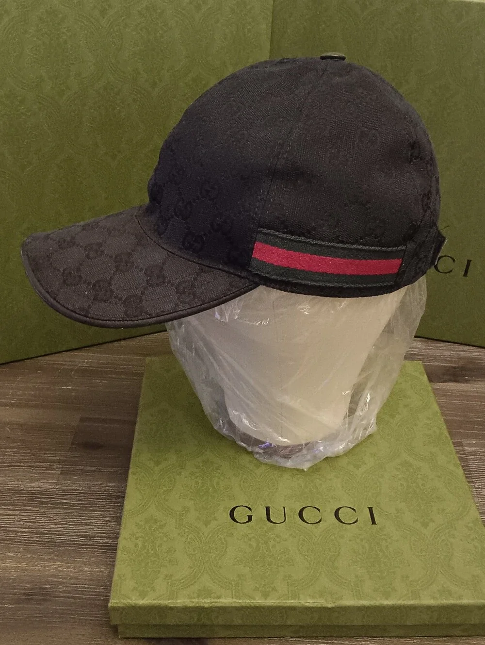 Gucci Black GG Canvas Cap with Signature Green-Red Web